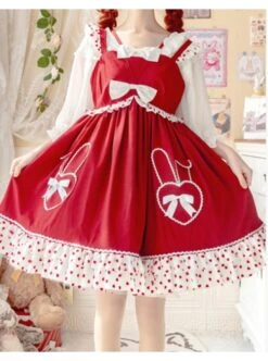 Bunny Jam Series Red Cute Polka-Dot Crinkled Hem Rabbit-Shaped Pocket Classic Lolita Princess Dress