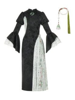 Orchid Pavilion Frosty Moonlit Night Chinese Style Retro Dark Black Witch Sexy Slim Puff Ruffled Sleeves Splice Lace Gothic Lolita Dress Cheongsam -MIMY Lolita Shop 2 500x672 53