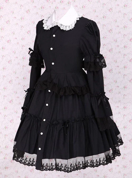 Black Lapel Ruffle Gothic Lolita Long Sleeve Dress 5 Black Lapel Ruffle Gothic Lolita Long Sleeve Dress - Image 3