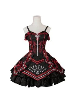 Black-Red Gorgeous Embroidered Jacquard Bat Detachable Tassel Bowknot Lacing Halloween Gothic Lolita Sleeveless Dress -MIMY Lolita Shop 2 500x672 56
