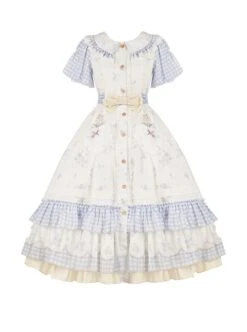 Tulip Bouquet Series Pastoral Style Doll Collar Lace Floral Plaid Lantern Sleeve Classic Lolita Short-Sleeved Dress -MIMY Lolita Shop 2 500x672 575