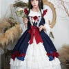 Delicate Print Ornament Pleated Lace Red Bow Knot Design Cross Tie Jacquard Lace Classic Lolita Dress