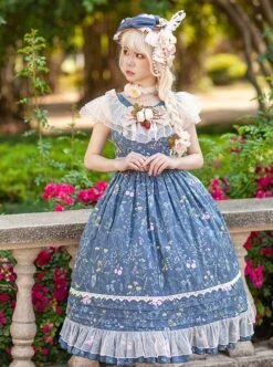 Flower And Grass Collection Series JSK Blue Floral Print Elegant Classic Lolita Sleeveless Dress Suit -MIMY Lolita Shop 2 500x672 588