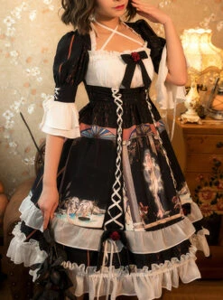 Narkissos Series Printing Retro Black Classic Lolita Short Sleeve Dress -MIMY Lolita Shop 2 500x672 593