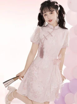 Pink Jacquard Embroidery Chinese Style Improved Cheongsam Jacquard Lace Bow Knot Stand Collar Plate Buckle Tassel Decoration Classic Lolita Dress -MIMY Lolita Shop 2 500x672 594
