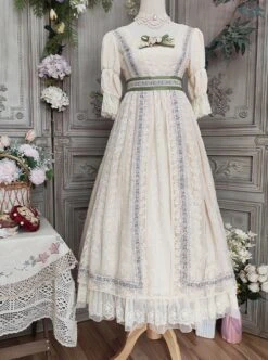 Sally Garden Series Daily Imperial Style Square Neckline High Waist Lotus Short Sleeves Small Floral Embroidery Long Dress OP -MIMY Lolita Shop 2 500x672 599