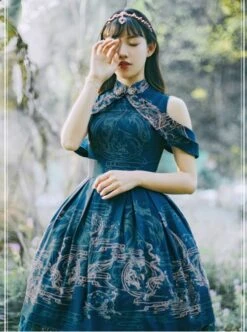 Blue Kowloon Missing Shoulder Print Dress -MIMY Lolita Shop 2 500x672 60