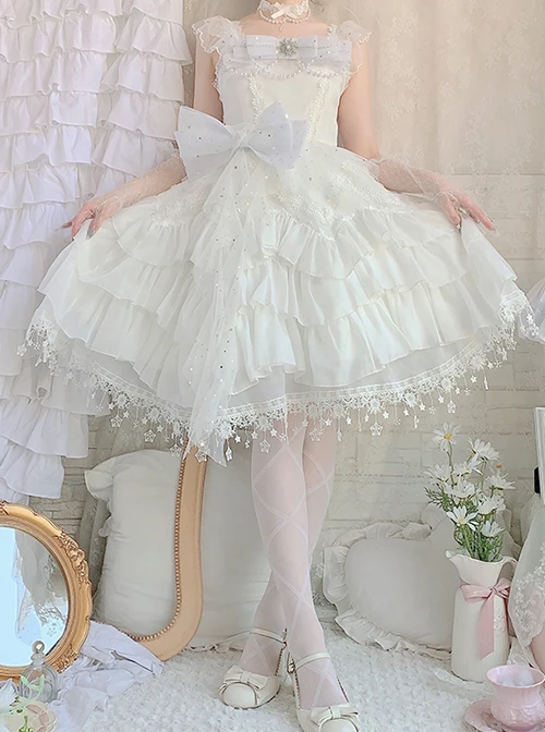 Snow Series JSK Solid Color Layered Pleated Lace Jacquard Star Embroidery Hem Bow Knot Decoration Sequin Pearl Classic Lolita Dress 11 Snow Series JSK Solid Color Layered Pleated Lace Jacquard Star Embroidery Hem Bow Knot Decoration Sequin Pearl Classic Lolita Dress - Image 9