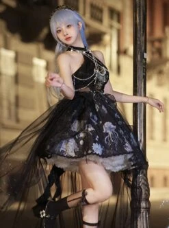 Deep Sea Jellyfish Series Elegant Refined Aquatic Plant Floral Print Pearl Black Yarn Tail Classic Lolita Sleeveless Halter Dress Set -MIMY Lolita Shop 2 500x672 623