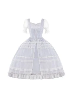 Shell Wind Chime Series Elegant Square Neck Lily-Of-The-Valley Embroidered Polka Dot Yarn Hem Classic Lolita Short-Sleeved Dress -MIMY Lolita Shop 2 500x672 629