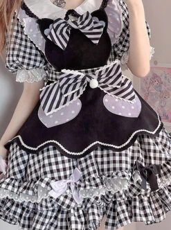 Cute Pastry Chef Checkerboard Design Pleated Ruffled Hem Bow Knot Apron Doll Neckline Classic Lolita Dress -MIMY Lolita Shop 2 500x672 630
