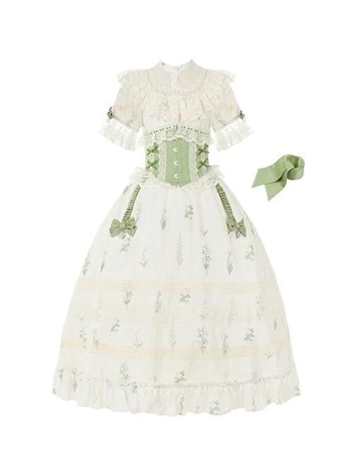Light Green Fresh Lace Edward Collar Elegant Spring Campanula Phalaenopsis Print Imperial Dress Classic Lolita Dress 5 Light Green Fresh Lace Edward Collar Elegant Spring Campanula Phalaenopsis Print Imperial Dress Classic Lolita Dress - Image 3