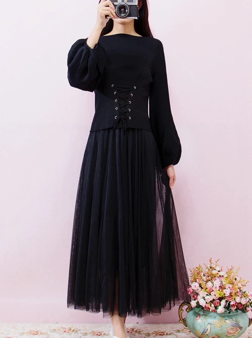 Retro Elegant Knitted Sweater And Gauze Sling Dress Set 5 Retro Elegant Knitted Sweater And Gauze Sling Dress Set - Image 3