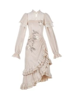 Chinese Style Improved Cheongsam Stand Collar Stitching Translucent Lace Camellia Flower Embroidery Classic Lolita Long-Sleeved Dress -MIMY Lolita Shop 2 500x672 645