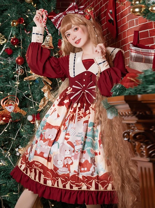 Christmas Little Bear Series Cute Navy Collar Christmas Print Lantern Sleeves Lace Bow Classic Lolita Long Sleeve Dress 6 Christmas Little Bear Series Cute Navy Collar Christmas Print Lantern Sleeves Lace Bow Classic Lolita Long Sleeve Dress - Image 4