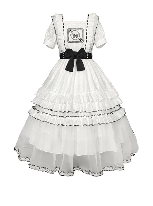 White Jacquard Butterfly Embroidered Elegant Square Neck Multi-Layer Lace Hem Classic Lolita Short Sleeve Dress 8 White Jacquard Butterfly Embroidered Elegant Square Neck Multi-Layer Lace Hem Classic Lolita Short Sleeve Dress - Image 6