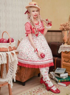 Ice Cherry Series Cherry Floral Print Pleated Mesh Personalized Square Neckline Bow Knots Classic Lolita Dress JSK Shirt Set -MIMY Lolita Shop 2 500x672 654