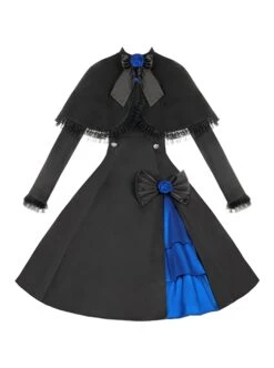 Night Chant Overture Series Blue Rose Bowknot Asymmetrical Design Elegant Classic Lolita Long Sleeves Black Dress Cloak Set -MIMY Lolita Shop 2 500x672 655