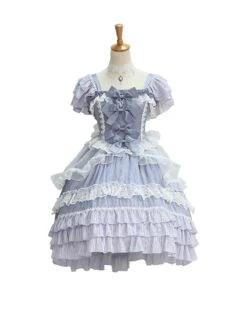 Gray Purple Classic Lolita Square Neck Lace Bowknot Decoration Short Sleeve Dress -MIMY Lolita Shop 2 500x672 659