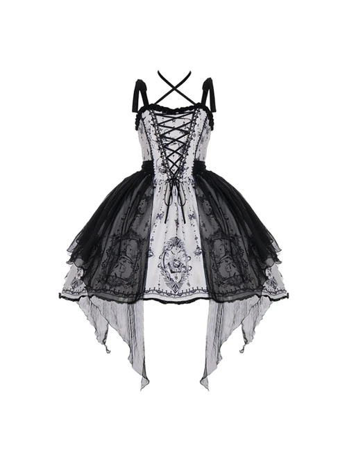 Adjustable Shoulder Strap V Type Lace Neckline Design Butterfly Magic Print Irregular Black Net Yarn Hem Gothic Lolita Sleeveless Dress 5 Adjustable Shoulder Strap V Type Lace Neckline Design Butterfly Magic Print Irregular Black Net Yarn Hem Gothic Lolita Sleeveless Dress - Image 3