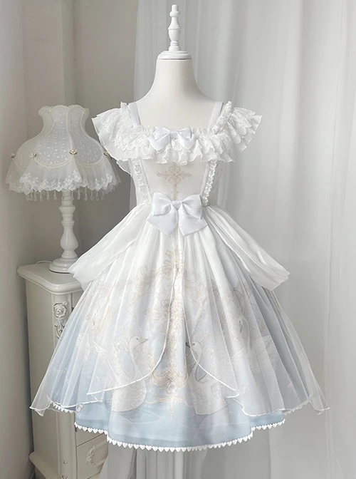 Swan Dream Series Noble White Blue Gradient Elegant Fairy Transparent Tulle Swan Lake Print Classic Lolita Sleeveless Dress 10 Swan Dream Series Noble White Blue Gradient Elegant Fairy Transparent Tulle Swan Lake Print Classic Lolita Sleeveless Dress - Image 8