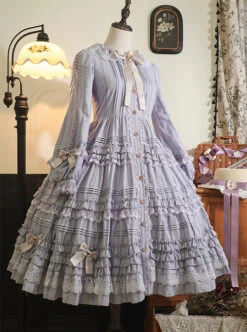 Retro Style Blue Layered Pleated Hem Design Elegant Bow Knots Decoration Long Sleeves Classic Lolita Dress -MIMY Lolita Shop 2 500x672 667
