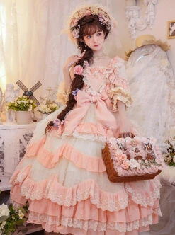 Flower Garden Series OP Pink Pastoral Retro Girl Style Delicate Lace Jacquard Trim Bow Knot Classic Lolita Short Sleeve Dress -MIMY Lolita Shop 2 500x672 668