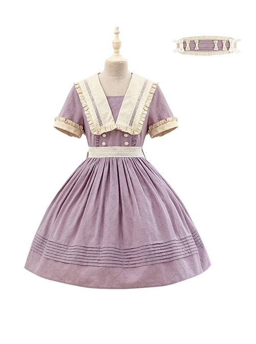 August Night Series Pure Color OP Sailor Collar Lace Cuff Classic Lolita Short Sleeve Dress Set 3 August Night Series Pure Color OP Sailor Collar Lace Cuff Classic Lolita Short Sleeve Dress Set