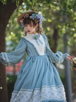 Classic Lolita Simple Jacquard Lace Embroidery Pleated Ruffle Pure Cotton Bow Brooch Decoration Long Sleeves Dress -MIMY Lolita Shop 2 500x672 692