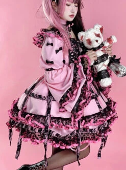 Sweet Cool Punk Style Black Lace Jacquard Embroidery Pleated Ribbon Bow Decorated Classic Lolita Trumpet Sleeve Dress -MIMY Lolita Shop 2 500x672 694