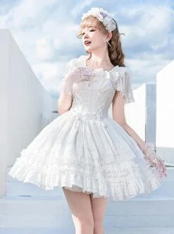 Miss Hill Series White Elegant Pure Color Binding Band Design Daily Classic Lolita Short Sleeve Dress -MIMY Lolita Shop 2 500x672 699