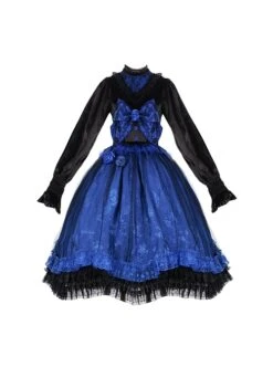 Lonely Laura Series Elegant Mysterious Jacquard Detachable Blue Rose Bowknot Lace Petal Hem Design Gothic Lolita Long Sleeve Dress -MIMY Lolita Shop 2 500x672 7