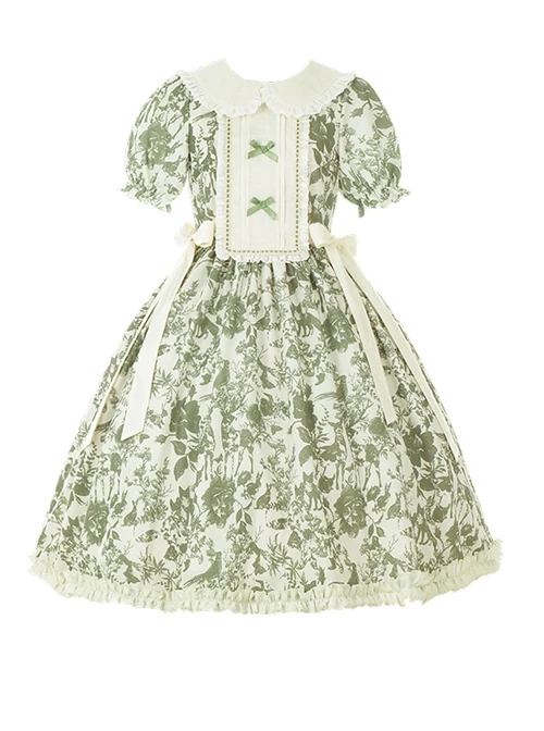 Secret Garden Series Elegant Fresh Doll Collar Bowknot Decorated Green Plant Printed Ruffle Hem Classic Lolita Puff Sleeve Dress 8 Secret Garden Series Elegant Fresh Doll Collar Bowknot Decorated Green Plant Printed Ruffle Hem Classic Lolita Puff Sleeve Dress - Image 6