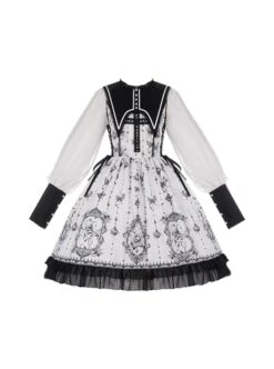 Personality Pointed Teeth Collar Design Leg Of Lamb Sleeve Butterfly Magic Print Black White Gothic Lolita Long-Sleeved Dress 10 Personality Pointed Teeth Collar Design Leg Of Lamb Sleeve Butterfly Magic Print Black White Gothic Lolita Long-Sleeved Dress -MIMY Lolita Shop 2 500x672 71