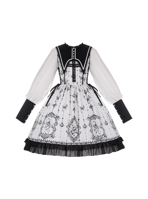 Personality Pointed Teeth Collar Design Leg Of Lamb Sleeve Butterfly Magic Print Black White Gothic Lolita Long-Sleeved Dress 6 Personality Pointed Teeth Collar Design Leg Of Lamb Sleeve Butterfly Magic Print Black White Gothic Lolita Long-Sleeved Dress - Image 4