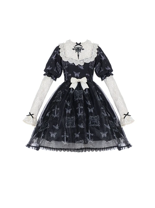 Lace Stitching Round Neck Butterfly Embroidery Cute Puff Sleeve Butterfly Print Daily Simple Gothic Lolita Short Sleeve Dress 6 Lace Stitching Round Neck Butterfly Embroidery Cute Puff Sleeve Butterfly Print Daily Simple Gothic Lolita Short Sleeve Dress - Image 4