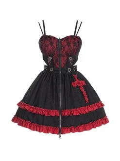 Judgment Day Series JSK Dark Punk Lolita Black Red Lace Jacquard Embroidery Waist Cutout Crucifix Fold Metal Buckle Decoration Zipper Sling Dress -MIMY Lolita Shop 2 500x672 734