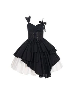 Pure Black Asymmetric Suspenders Irregular Hem Design Detachable Waistband White Skirt Cool Girl Punk Lolita Sleeveless Dress Set -MIMY Lolita Shop 2 500x672 741