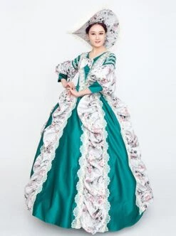 Retro Green Neckline Printed Bow Mid-length Trumpet Sleeve European Court Lolita Prom Dress -MIMY Lolita Shop 2 500x672 757
