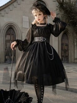 Girl Killer Series Dark Sweet Cool Irregular Halloween Crape Ruffle Bowknots Belt Chain Gothic Lolita Long Sleeves Dress -MIMY Lolita Shop 2 500x672 77