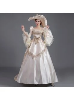 Champagne Square Collar Long Sleeve Lace Bow Shirring Hem Court Prom Lolita Dress -MIMY Lolita Shop 2 500x672 777