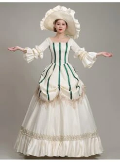 White Long Green Vertical Stripe Decoration Puff Long Sleeve Royal Dinner Annual Meeting Party Retro Court Lolita Prom Dress -MIMY Lolita Shop 2 500x672 823