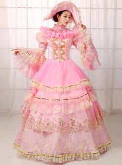 Gorgeous Dreamy Pink Lace Hollow Out Neckline Golden Embroidery Drawstring Sweet Lolita Prom Long Sleeve Dress 12 Gorgeous Dreamy Pink Lace Hollow Out Neckline Golden Embroidery Drawstring Sweet Lolita Prom Long Sleeve Dress -MIMY Lolita Shop 2 500x672 868