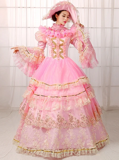 Gorgeous Dreamy Pink Lace Hollow Out Neckline Golden Embroidery Drawstring Sweet Lolita Prom Long Sleeve Dress 6 Gorgeous Dreamy Pink Lace Hollow Out Neckline Golden Embroidery Drawstring Sweet Lolita Prom Long Sleeve Dress - Image 4