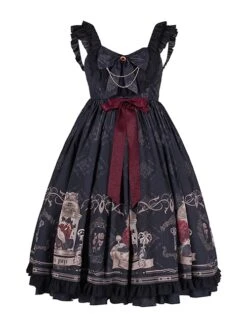 Nightingale And Rose Series Vintage Birdcage Print Bow Knot Ruffle Gothic Lolita Sleeveless Dress -MIMY Lolita Shop 2 500x672 87