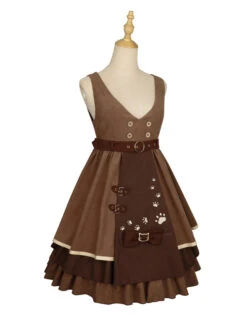 Kitten Detective Series Brown Open Front Retro School Lolita Sleeveless Dress -MIMY Lolita Shop 2 500x672 890
