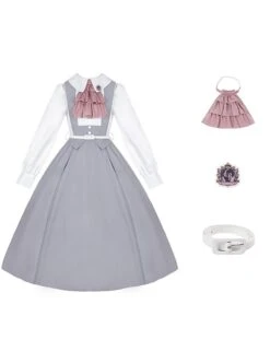 Marsha College Series Pink Gray Cute Sweet School Lolita Fake Two Pieces Long Sleeves Suspender Dress -MIMY Lolita Shop 2 500x672 895