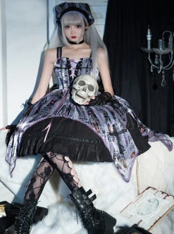 Sweet And Cool Purple Personalized Dark Pattern Print Irregular Hem Design Cross Strap Decoration Gothic Lolita Sleeveless Dress -MIMY Lolita Shop 2 500x672 90