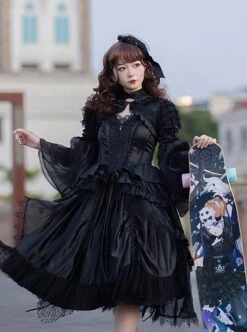 Black Lace Sling Corset Tail Top Flared Long Sleeve Fashion Ruffle Shawl Gothic Lolita Dress Set -MIMY Lolita Shop 2 500x672 96
