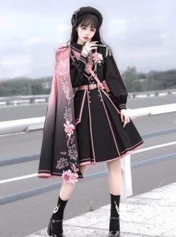 Sakura Theme Black Pink Gradient Sweet Cool Military Lolita Sweet Side Shoulder 3D Flowers Cloak Long Sleeves Dress Set -MIMY Lolita Shop 3 500x672 10